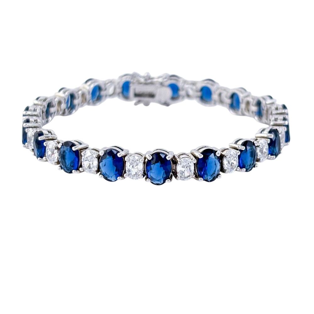 Vintage Sterling Silver 925 Blue & Clear Cubic Zirconia Tennis Bracelet 7"